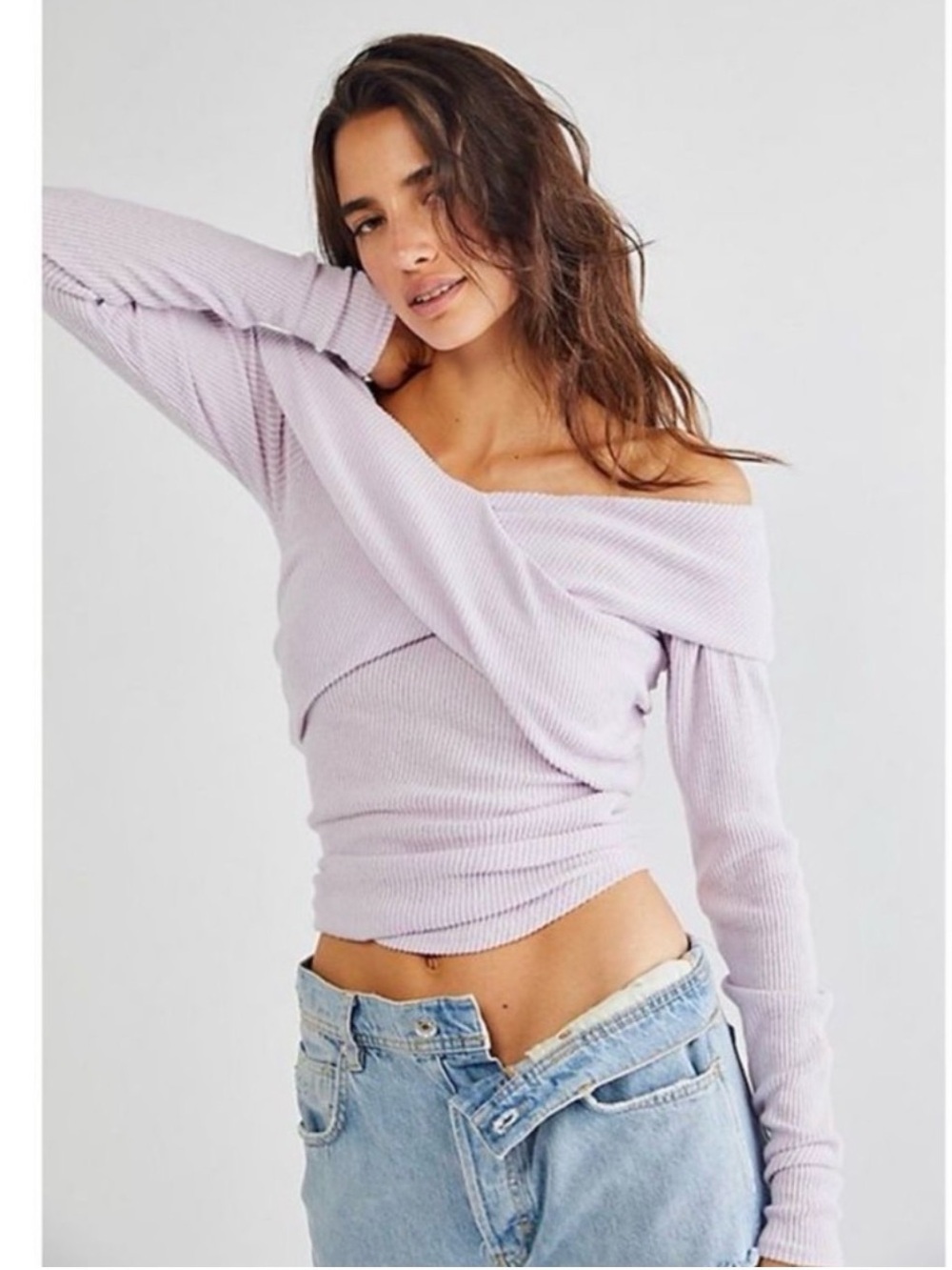 Off The Shoulder Ribbed Long-Sleeve Sweater Top - Light Lavender
